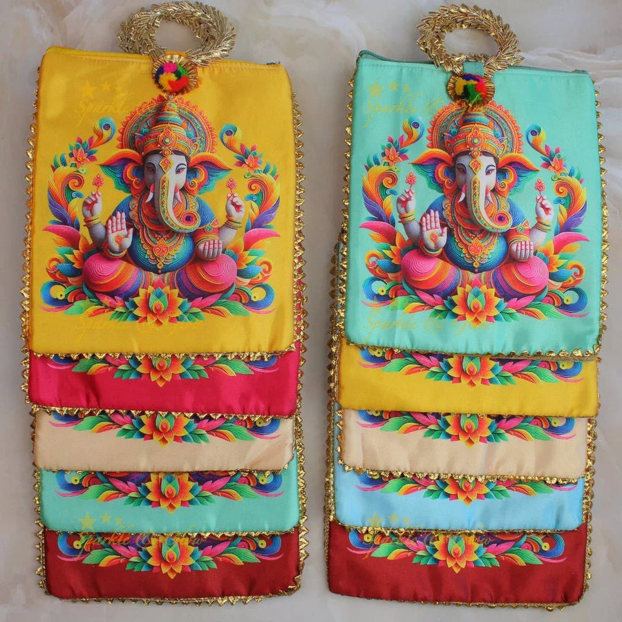 Beautiful lord ganesha print potli bags with gold handle - set of 10 - Assorted colours for return gifts - Sparkle and Glow