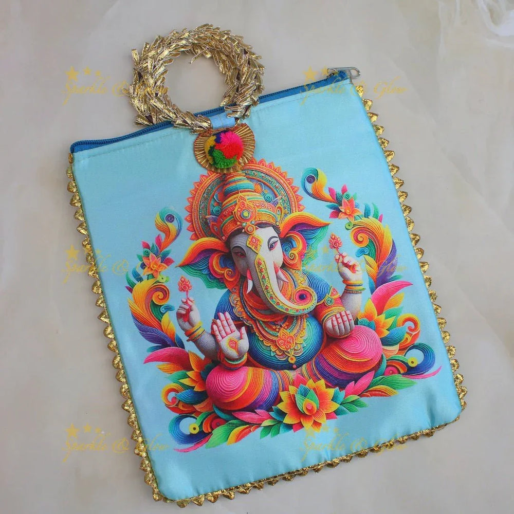 Beautiful lord ganesha print potli bags with gold handle - set of 10 - Assorted colours for return gifts - Sparkle and Glow