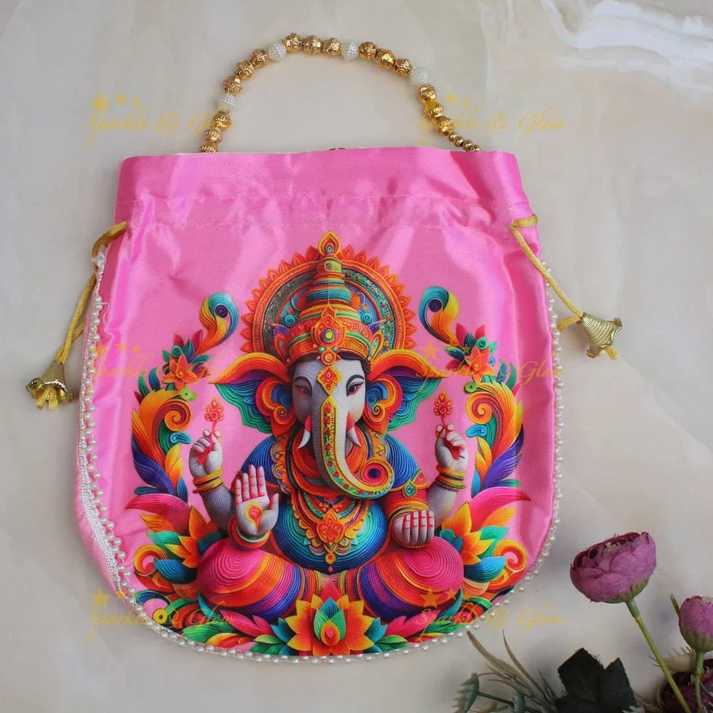 Beautiful lord ganesha print potli bags with gold beads - set of 10 - Assorted colours for return gifts - Sparkle and Glow