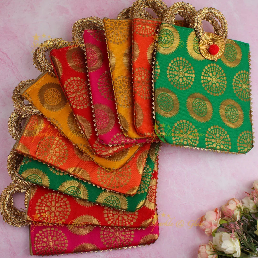 Beautiful potli bags with gold prints - set of 10 - Assorted colours for return gifts - Sparkle and Glow