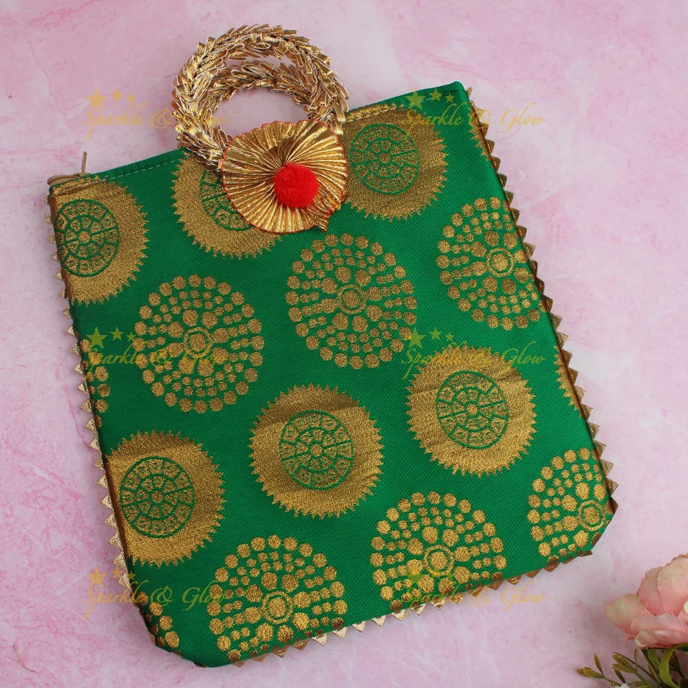 Beautiful potli bags with gold prints - set of 10 - Assorted colours for return gifts - Sparkle and Glow