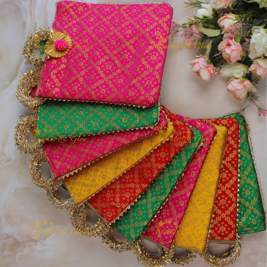 Beautiful potli bags with gold prints - set of 10 - Assorted colours for return gifts - Sparkle and Glow