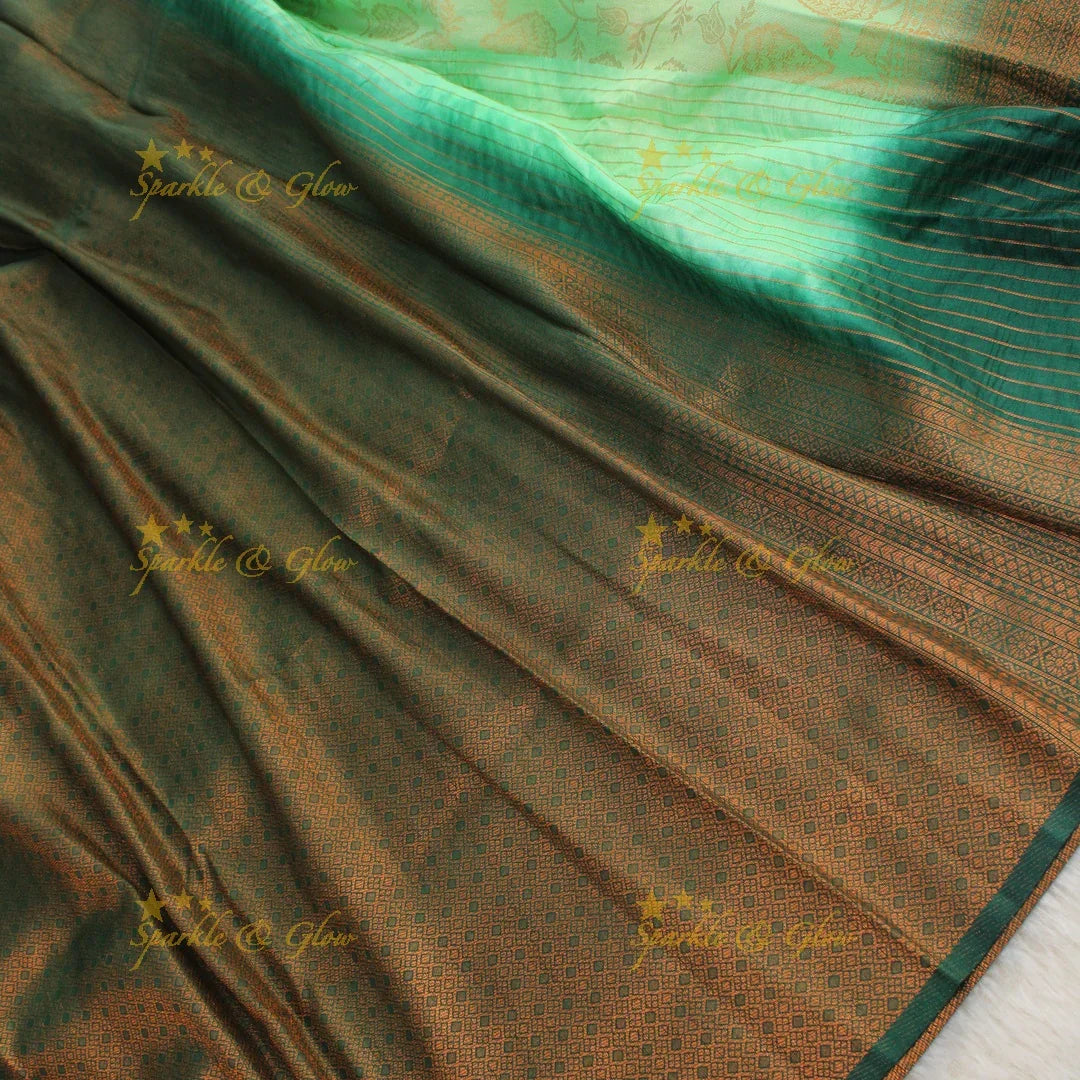 Pretty leaf printed light green with dark green border kubera pattu soft silk saree - Sparkle and Glow