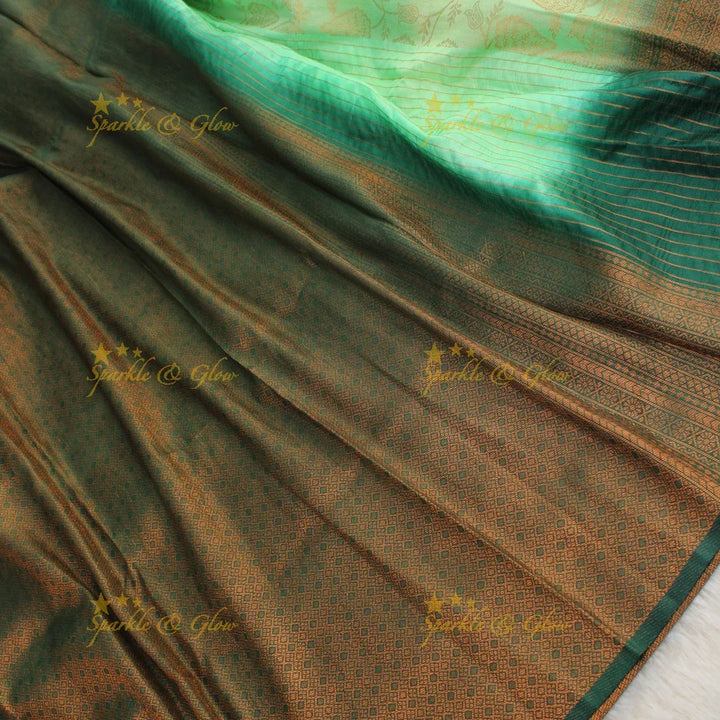 Pretty leaf printed light green with dark green border kubera pattu soft silk saree - Sparkle and Glow