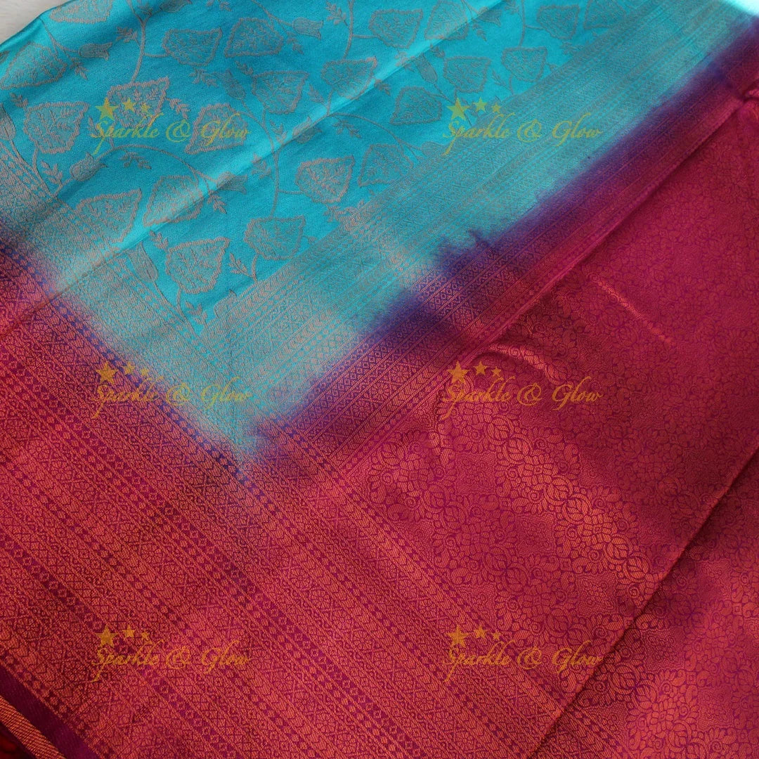 Pretty leaf printed light green with dark green border kubera pattu soft silk saree - Sparkle and Glow
