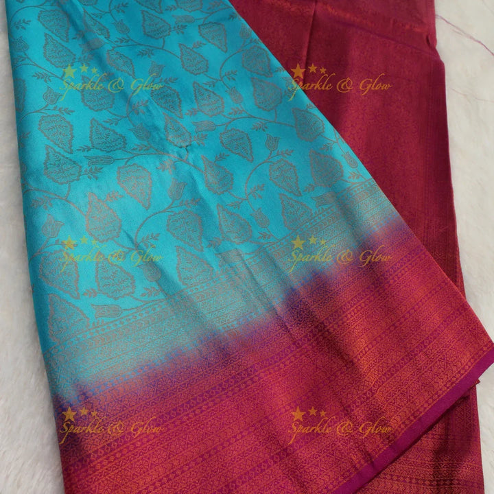 Pretty leaf printed light green with dark green border kubera pattu soft silk saree - Sparkle and Glow