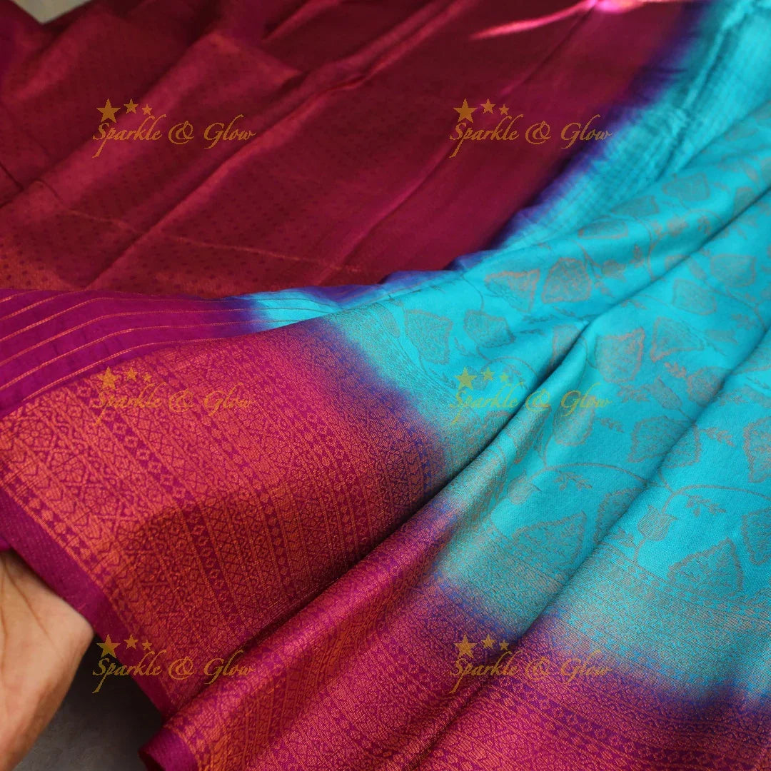Pretty leaf printed light green with dark green border kubera pattu soft silk saree - Sparkle and Glow