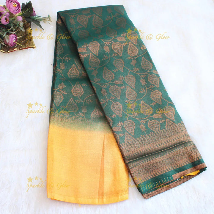 Pretty leaf printed light green with dark green border kubera pattu soft silk saree - Sparkle and Glow