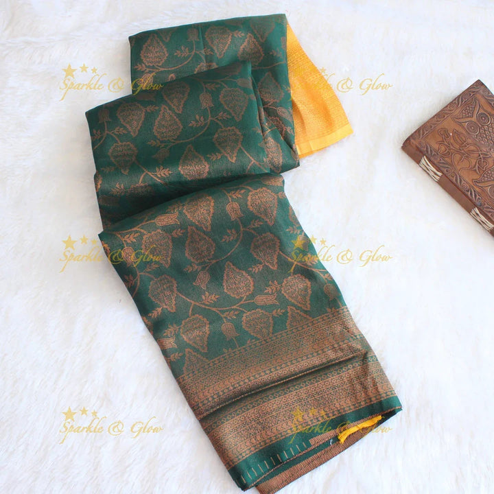 Pretty leaf printed light green with dark green border kubera pattu soft silk saree - Sparkle and Glow