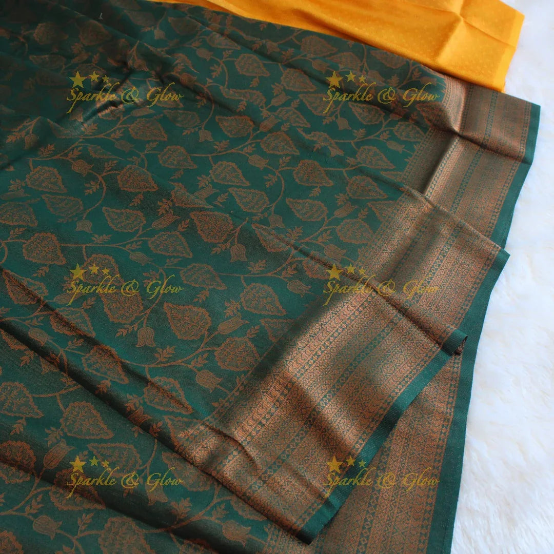 Pretty leaf printed light green with dark green border kubera pattu soft silk saree - Sparkle and Glow