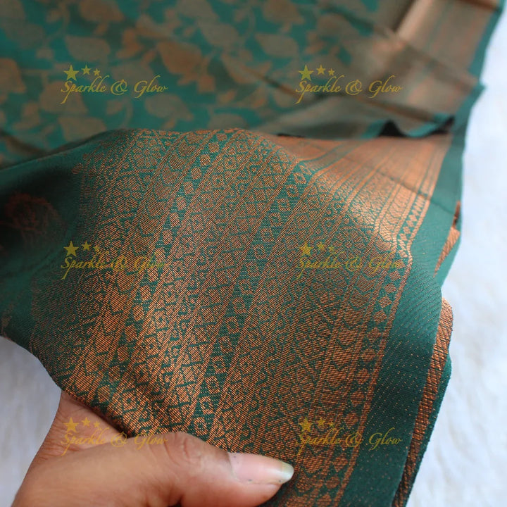 Pretty leaf printed light green with dark green border kubera pattu soft silk saree - Sparkle and Glow