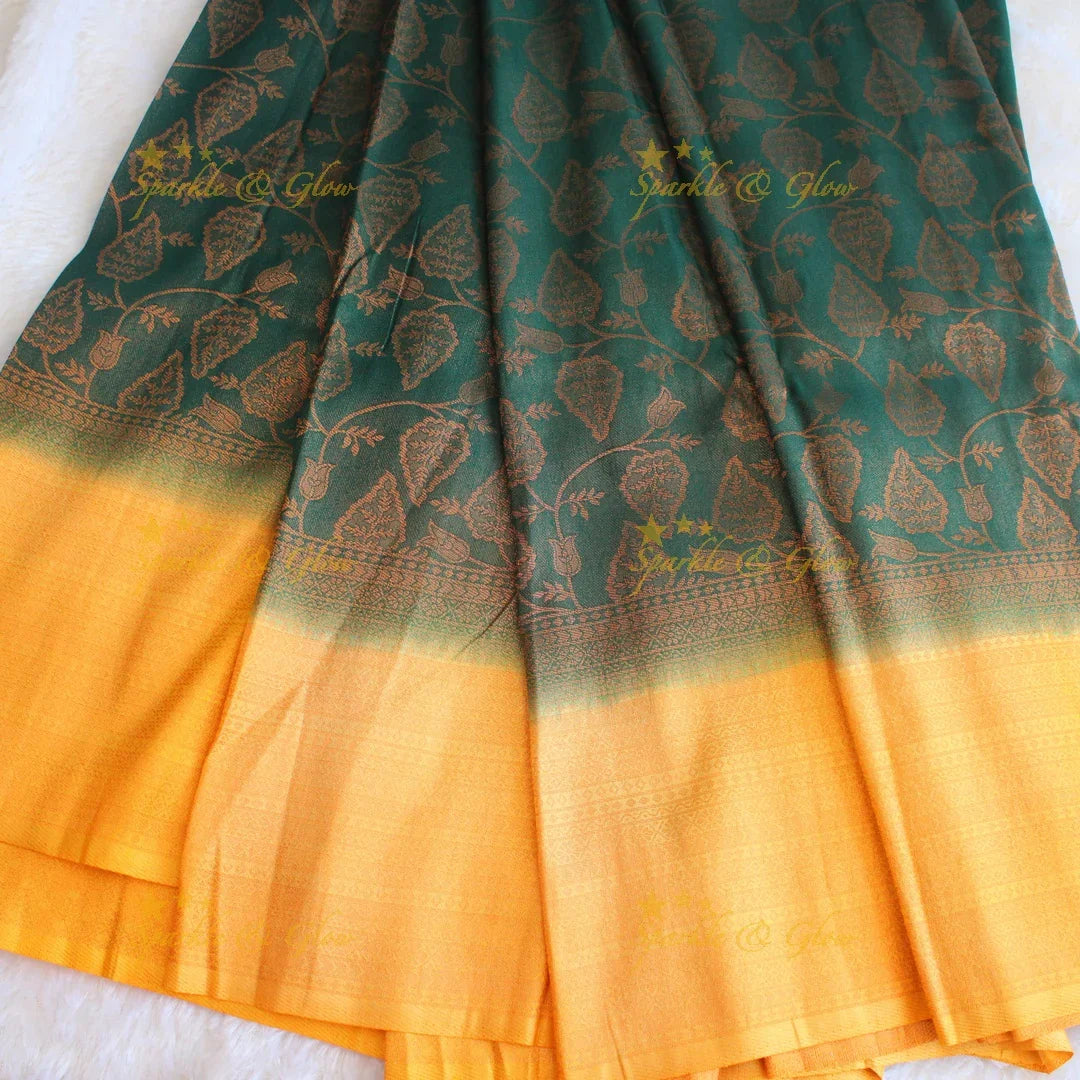 Pretty leaf printed light green with dark green border kubera pattu soft silk saree - Sparkle and Glow