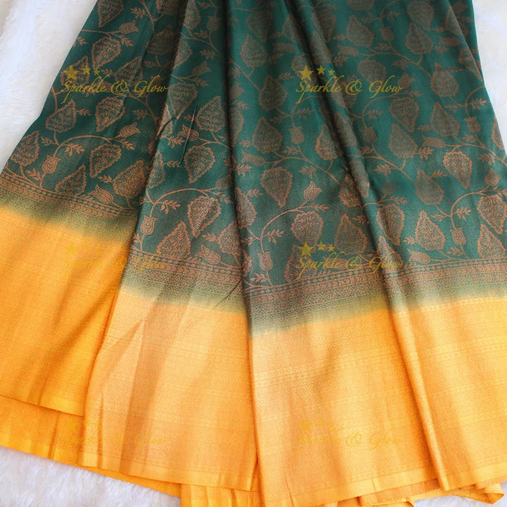 Pretty leaf printed light green with dark green border kubera pattu soft silk saree - Sparkle and Glow