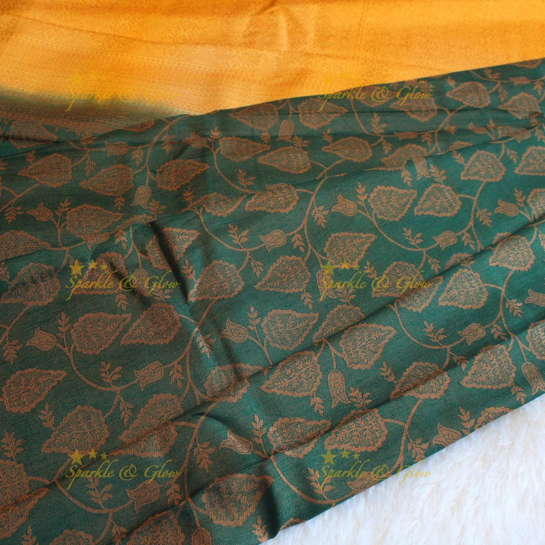 Pretty leaf printed light green with dark green border kubera pattu soft silk saree - Sparkle and Glow