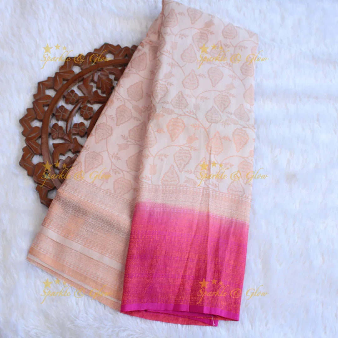Pretty leaf printed light green with dark green border kubera pattu soft silk saree - Sparkle and Glow