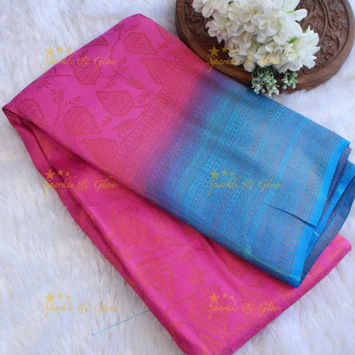 Pretty leaf printed light green with dark green border kubera pattu soft silk saree - Sparkle and Glow