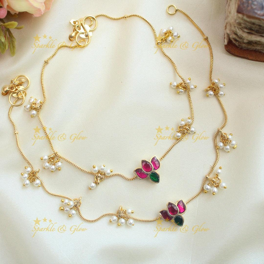 Trending occasional wear lotus design jadau gold anklets with pearl - Sparkle and Glow