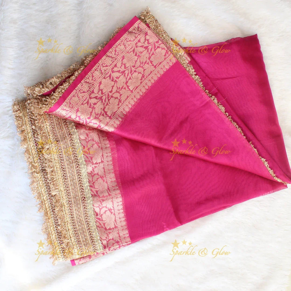 Beautiful pink colour banarasi tissue silk saree with lace attached with blouse piece - Sparkle and Glow