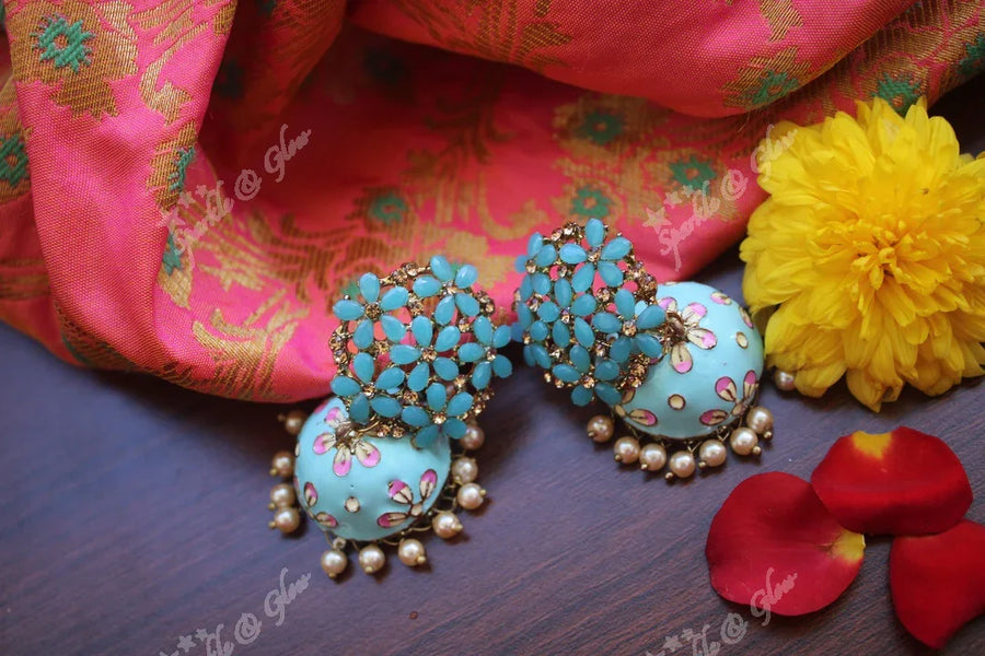 Meenakari stone floral jhumukas - Sparkle and Glow