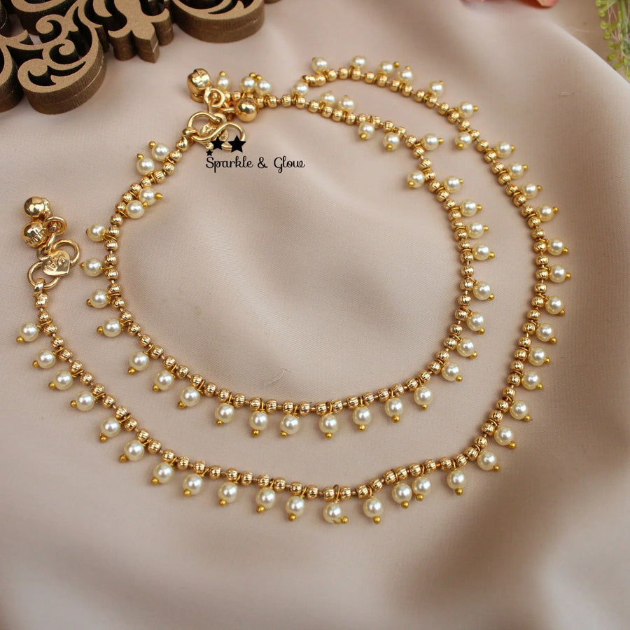 Gold alike Pearl Drop Anklets – Traditional Elegance (Pair) - Sparkle and Glow