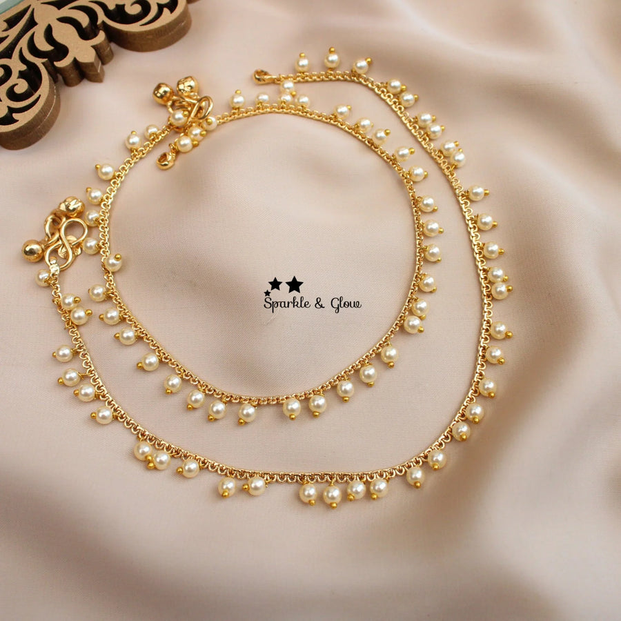 Gold alike Pearl Drop Chain Anklets – Delicate & Ethnic (Pair) - Sparkle and Glow