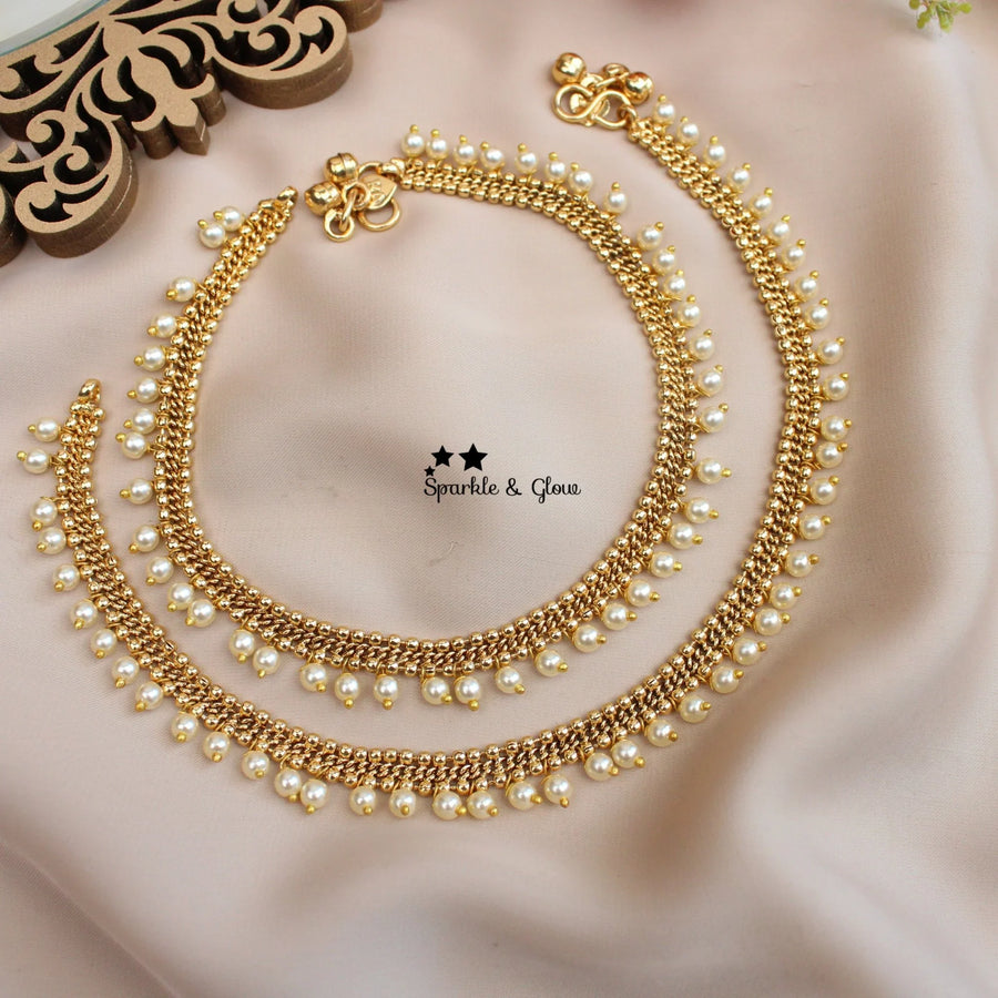Double Layer Gold alike Pearl Anklets – Traditional Bridal Style (Pair) - Sparkle and Glow