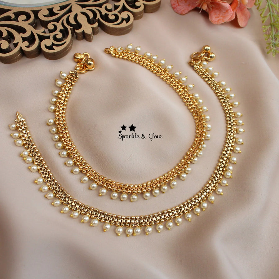 Gold alike Pearl Anklets – Premium Chain Design with Elegant Drops (Pair) - Sparkle and Glow