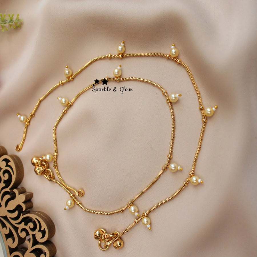 Gold alike Pearl Dangle Anklets – Minimal & Traditional (Pair) - Sparkle and Glow