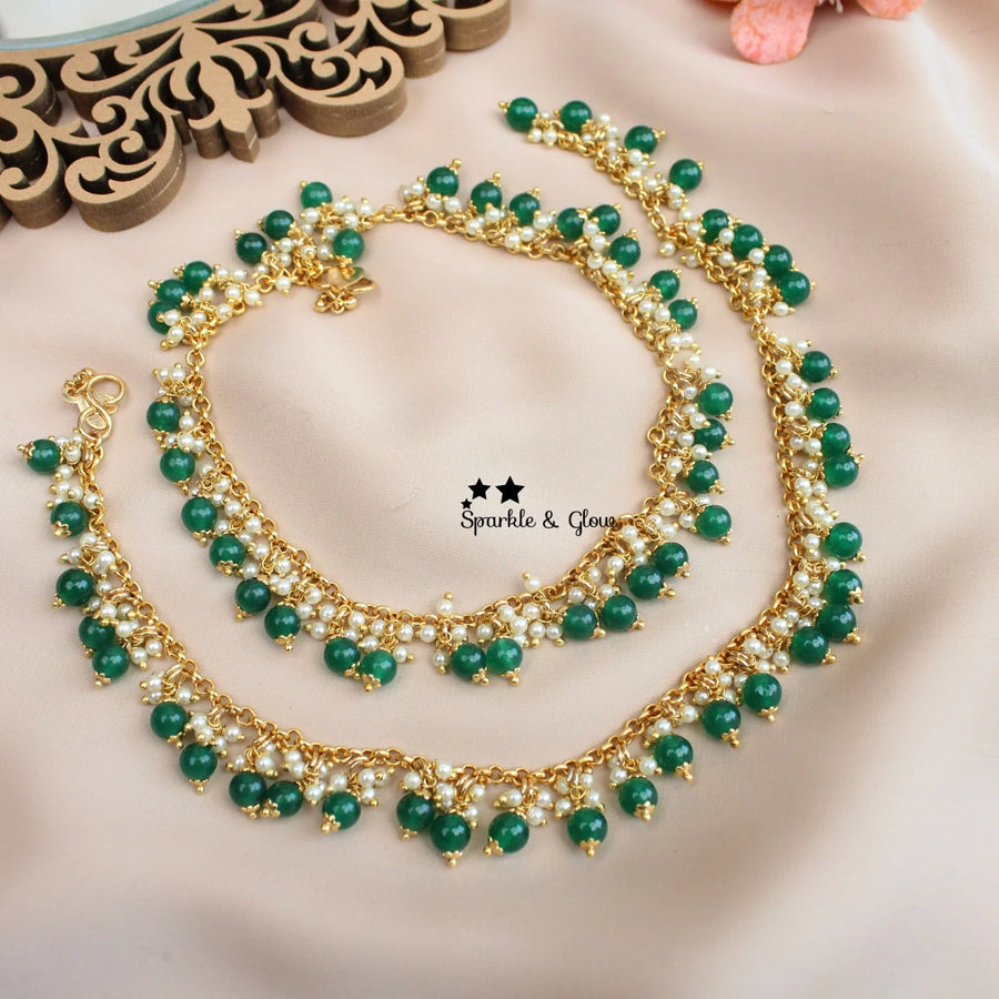 Ethnic Statement Gold alike Green Bead & Pearl Anklets - Sparkle and Glow
