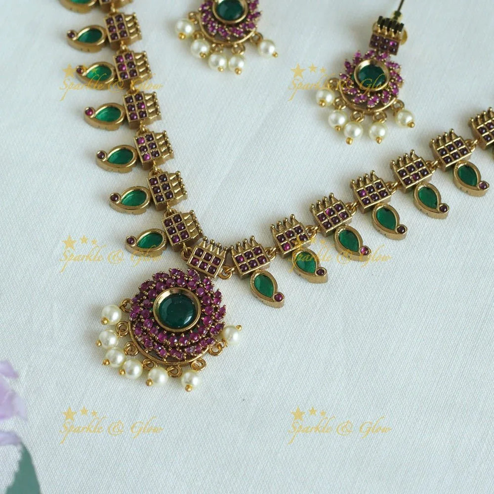 Beautiful Kerala design Antique Mango Emerald short necklace - Sparkle and Glow