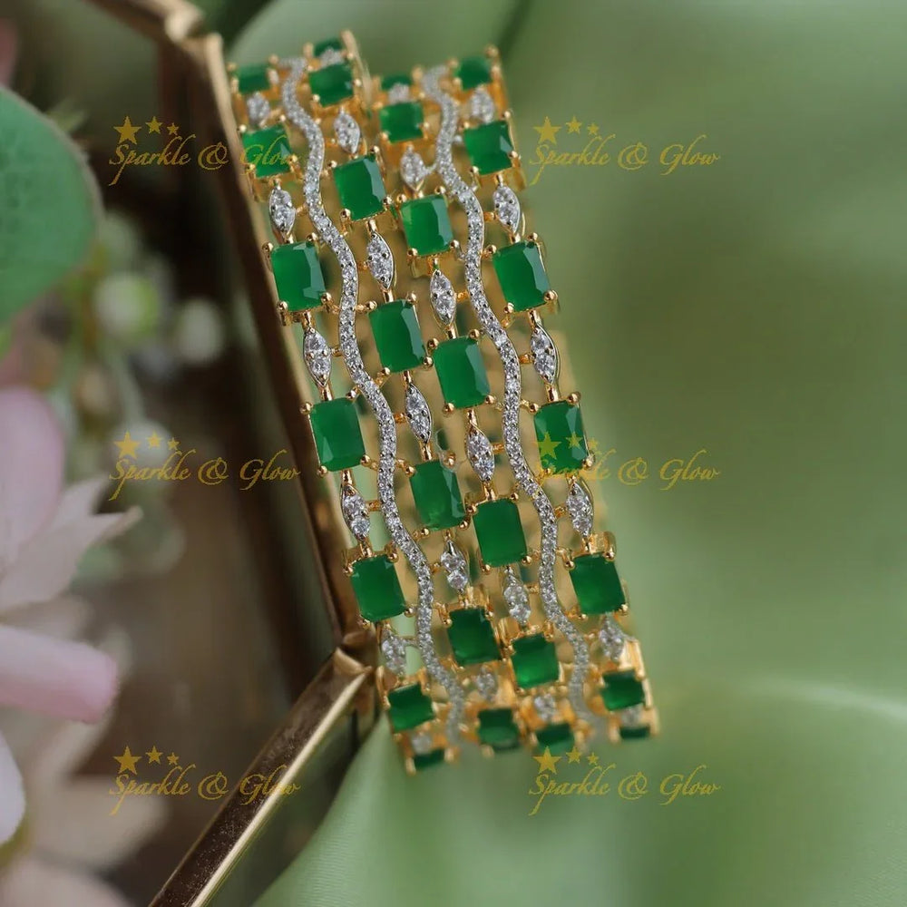 Elegant GJ Polish Emerald Stone AD Bangles with Sparkling White Accents - Sparkle and Glow