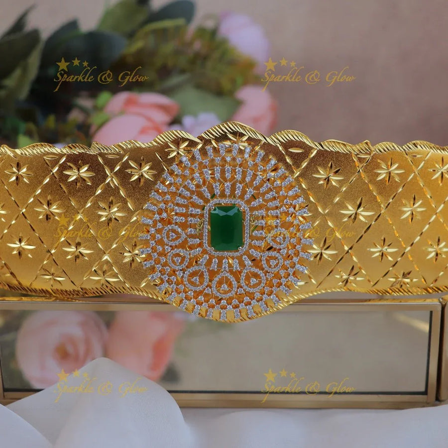 Gracious Square Emerald stone Floral pendant carved AD plain hipbelt - Sparkle and Glow