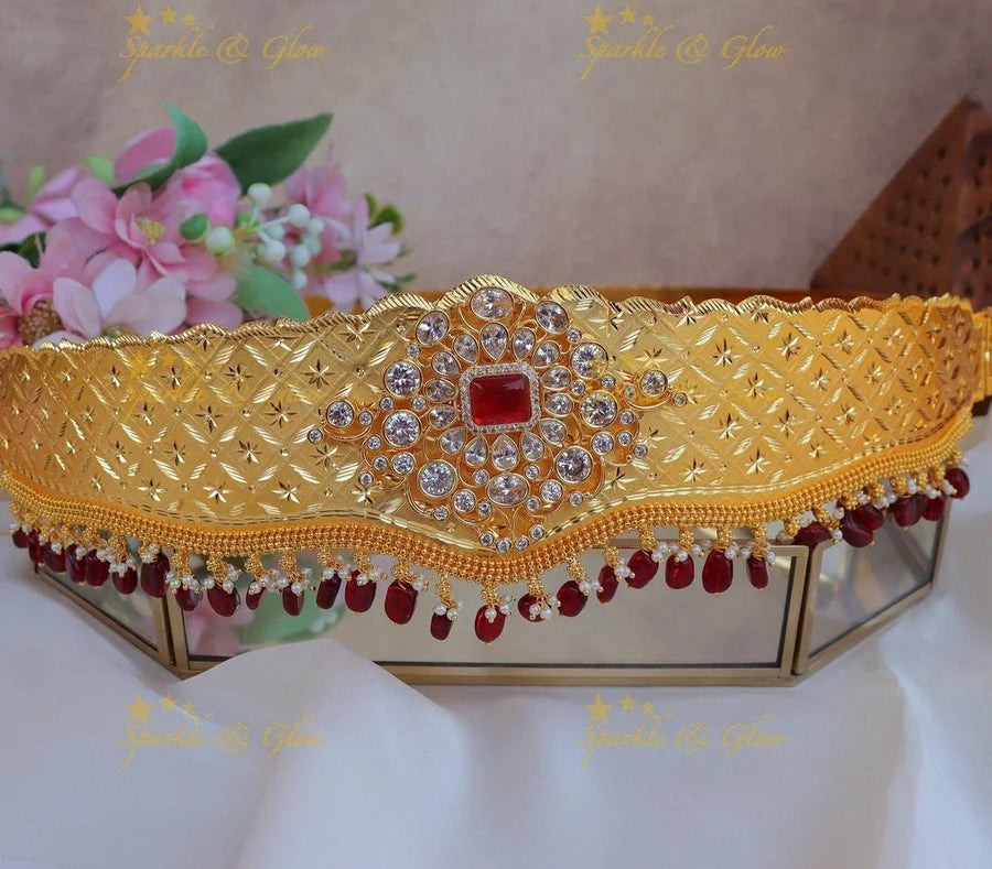 Stunning GJ polish stone Floral carved AD Plain Hipbelt-Blue - Sparkle and Glow