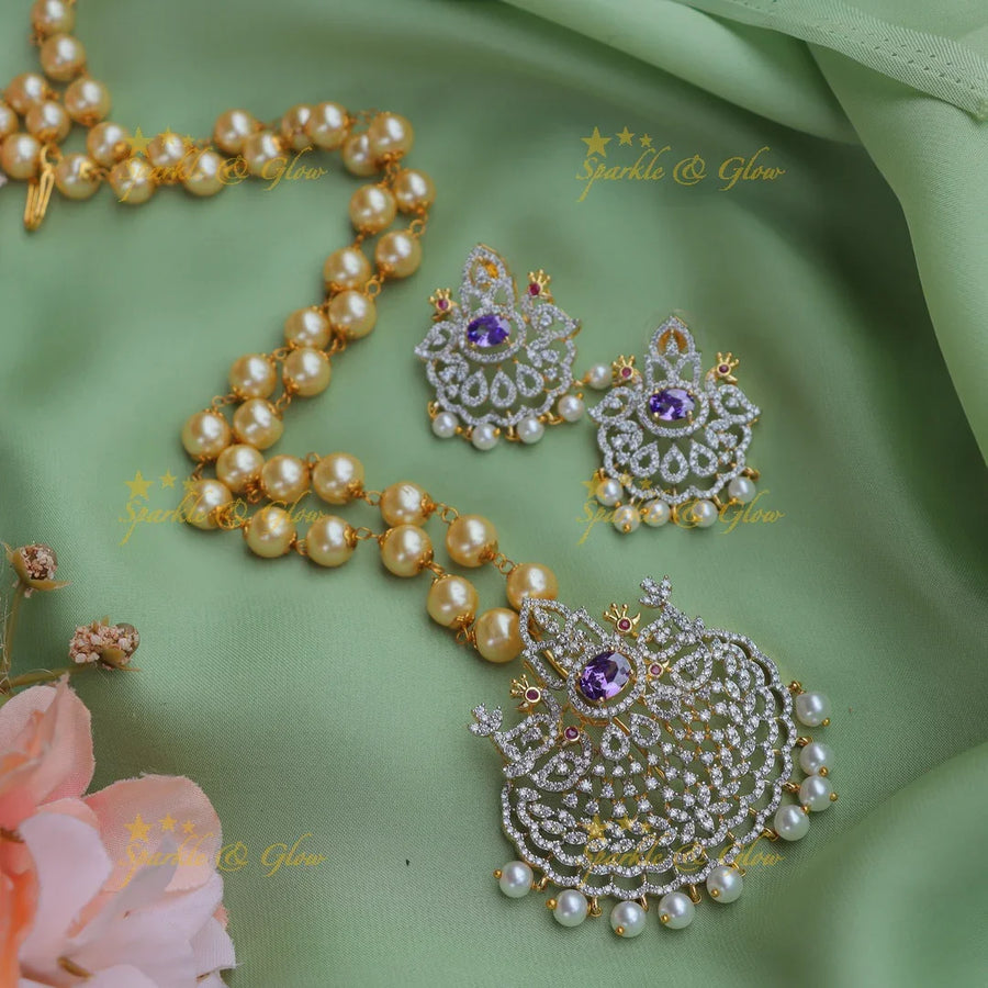 Sparkling GJ polish Crown Peacock carved pendant chain with pearls-Purple - Sparkle and Glow