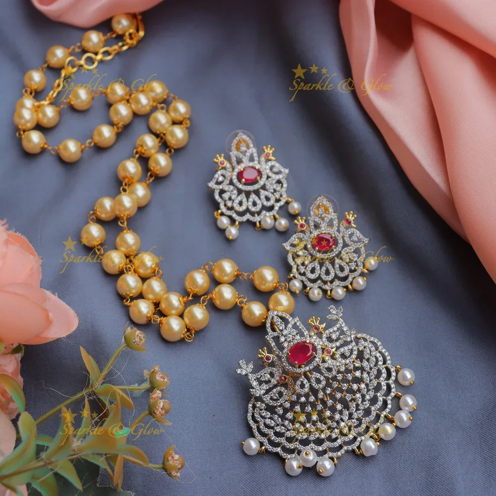 Sparkling GJ polish Crown Peacock carved pendant chain with pearls-Purple - Sparkle and Glow