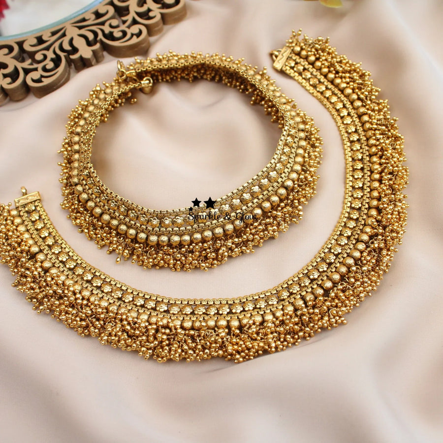 Traditional South Indian Style Antique Gold alike Heavy Bridal Anklets - Sparkle and Glow