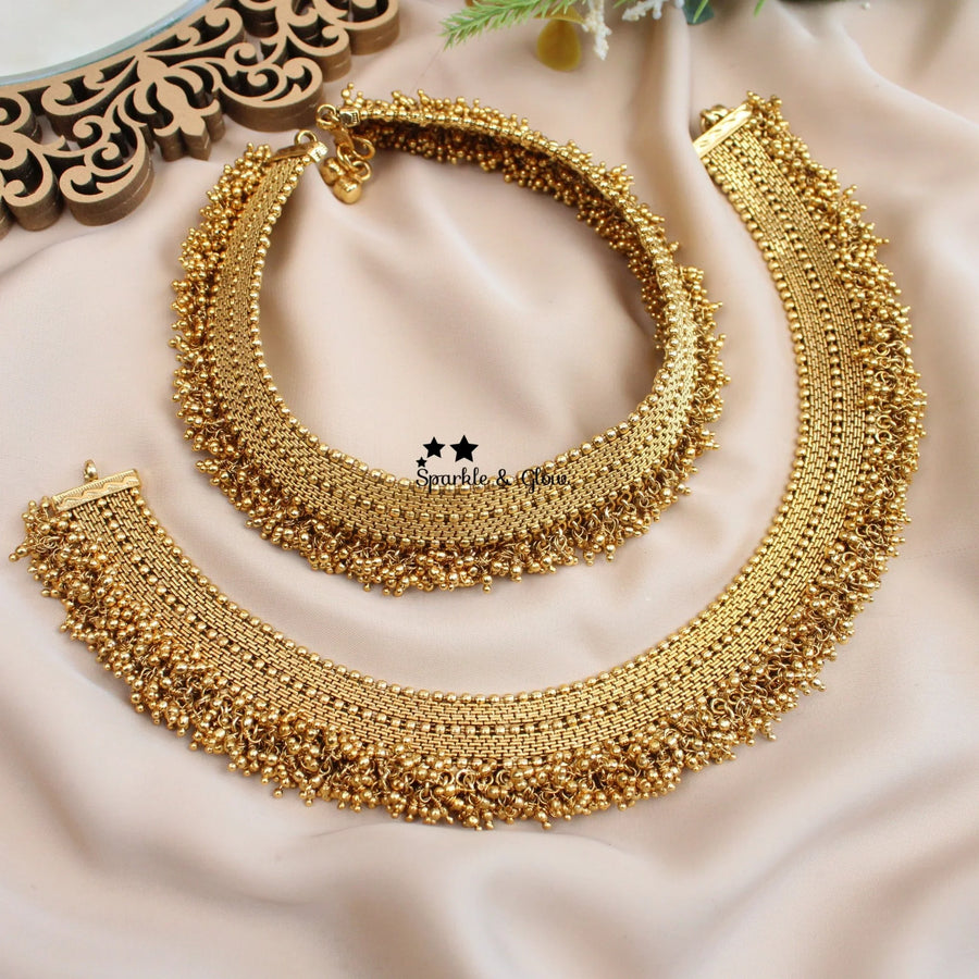 Stunning Antique gold alike Heavy bridal Anklets with bead fringe - Sparkle and Glow