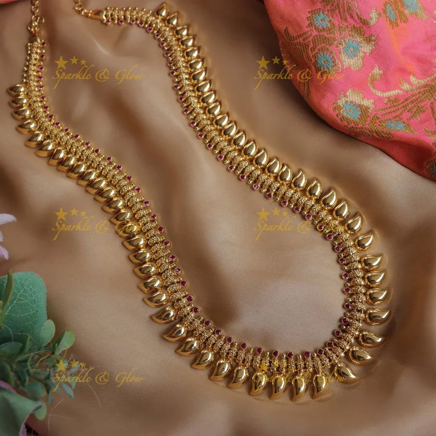Elegant Gold-alike Kerala style Mango Long Necklace with Ruby Accents - Sparkle and Glow