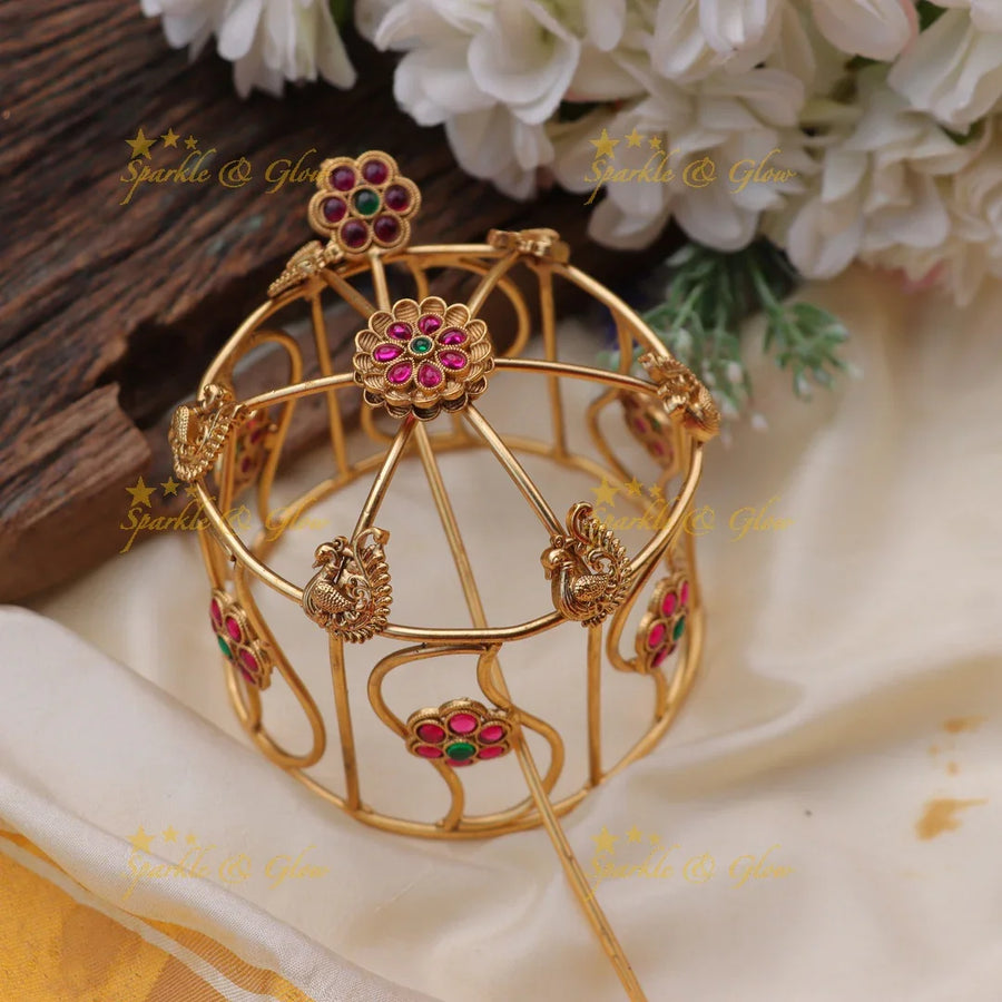 Traditional Gold alike Kemp Bun Cage with Peacock and Floral Motif - Sparkle and Glow