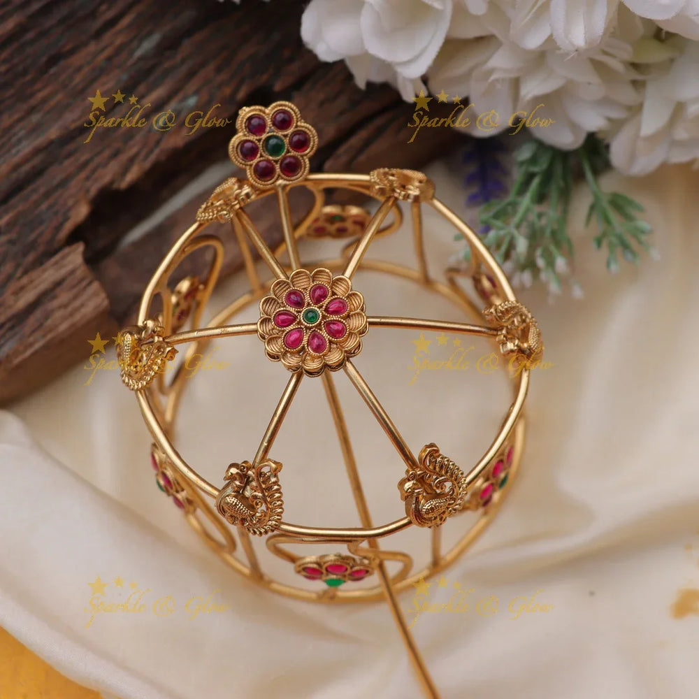 Traditional Gold alike Kemp Bun Cage with Peacock and Floral Motif - Sparkle and Glow
