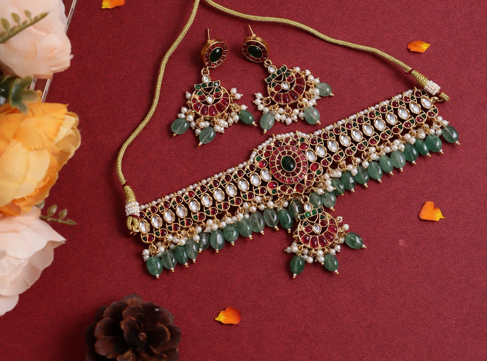 Stunning Jadau Kundan Green Beads Choker Set - Sparkle and Glow
