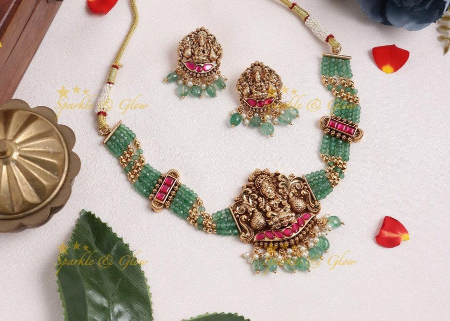 Antique Lakshmi Temple Necklace Set with Green Beads - Sparkle and Glow