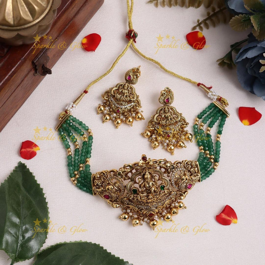 Traditional Lakshmi Temple Choker Set with Gold Balls & Green Beads - Sparkle and Glow