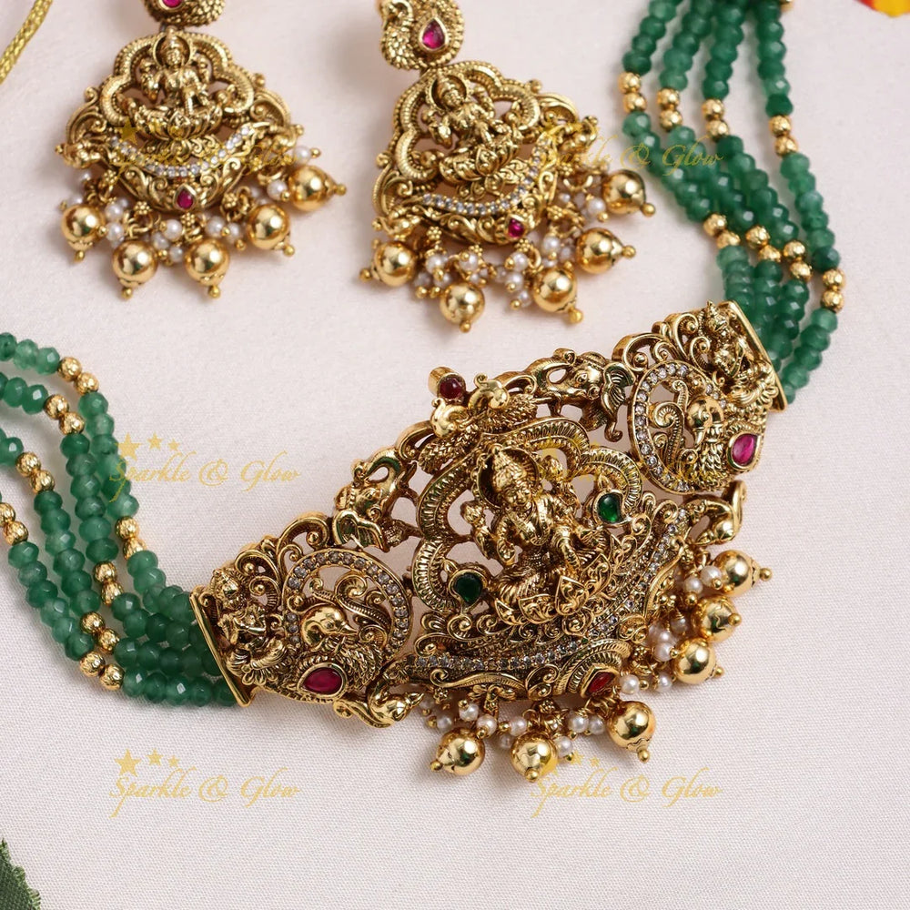 Traditional Lakshmi Temple Choker Set with Gold Balls & Green Beads - Sparkle and Glow