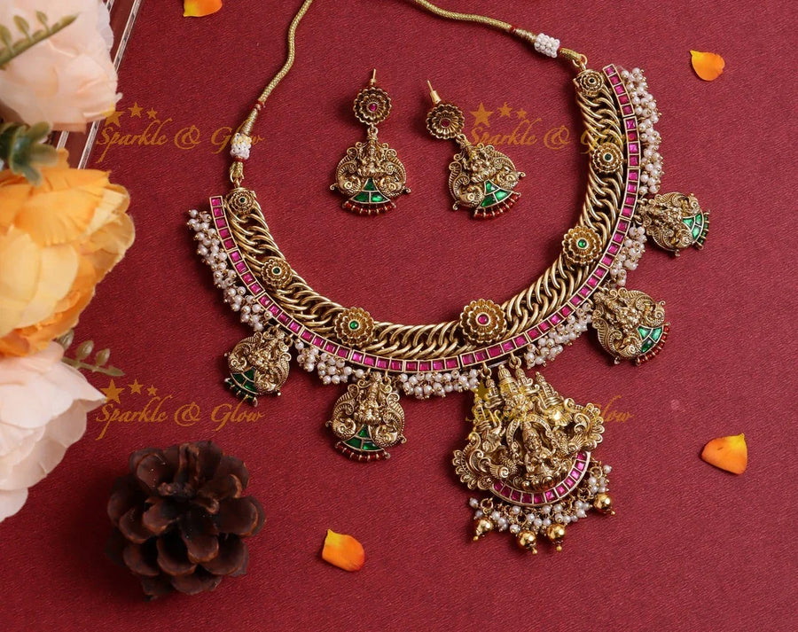 Stunning Idol Lakshmi Peacock Floral carved Jadau short necklace - Sparkle and Glow