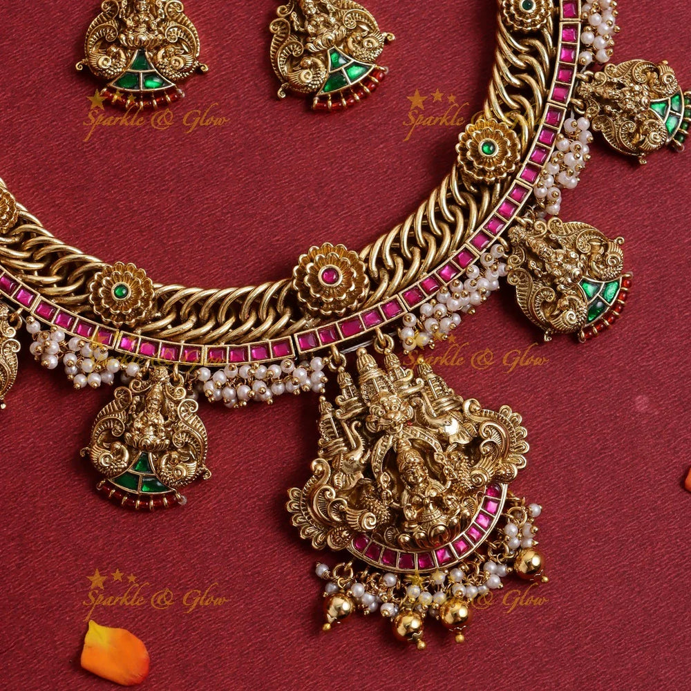 Stunning Idol Lakshmi Peacock Floral carved Jadau short necklace - Sparkle and Glow