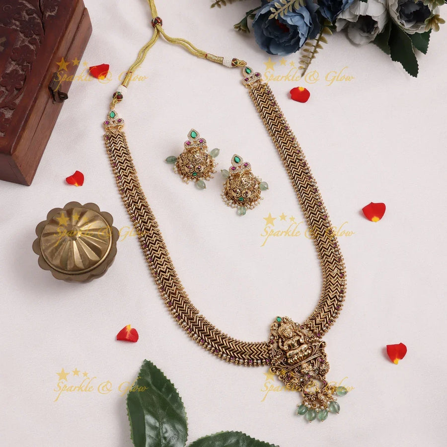 Stunning Antique Jadau Kundan Lakshmi Peacock pendant carved jalebi design Haram - Sparkle and Glow
