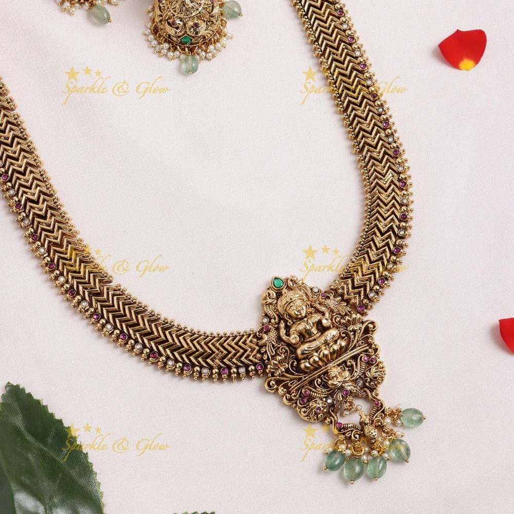 Stunning Antique Jadau Kundan Lakshmi Peacock pendant carved jalebi design Haram - Sparkle and Glow