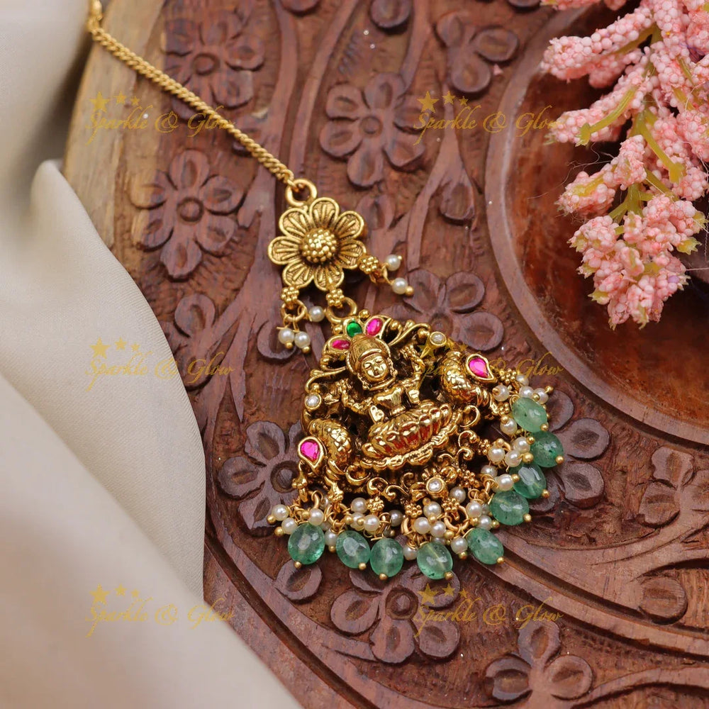 Stunning Antique Jadau Gold alike Temple Maang Tikka with Floral & Lakshmi Motif - Sparkle and Glow