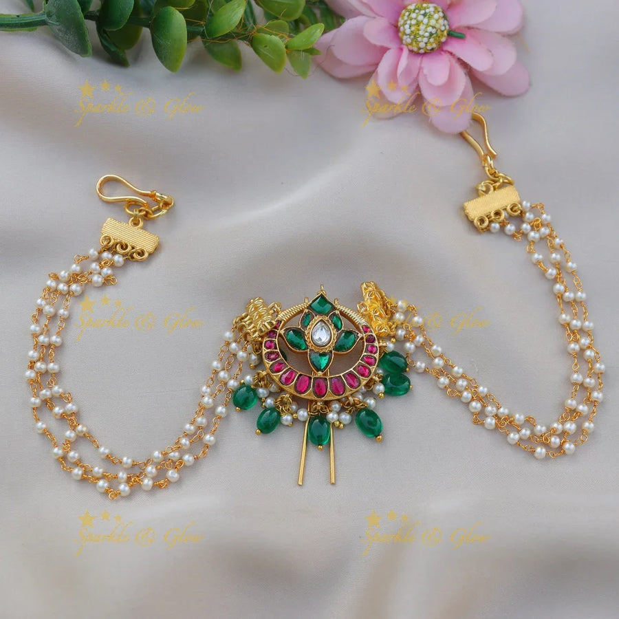 Stunning Jadau Kundan Peacock Motif Jadabilla with Pearl Chains and Green Drops - Sparkle and Glow